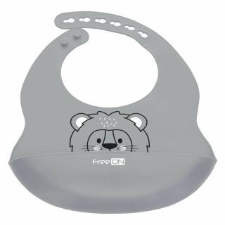 Baveta, FreeON, Moale, Din silicon, Fara BPA, Cu buzunar, 31 x 24 cm, Lion Grey