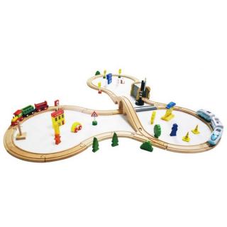 Jucarie cale ferata din lemn cu tren cu baterii Ecotoys, 69 elemente, multicolor