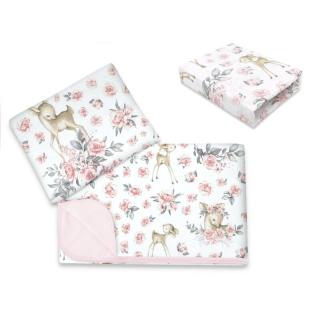 Lenjerie patut cu 3 piese, MimiNu, cearceaf 120x60 cm, paturica si pernuta, bumbac, Sweet Deer Pink