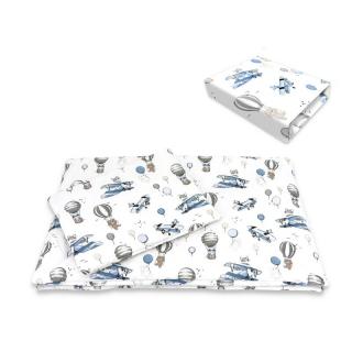 Lenjerie patut cu 3 piese, MimiNu, Cu cearceaf 120x60 cm, Pilota, Pernuta, bumbac 100%, Blue Plane