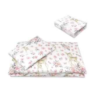 Lenjerie patut cu 3 piese, MimiNu, Cu cearceaf 120x60 cm, Pilota, Pernuta, bumbac 100%, Sweet Deer Pink