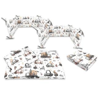 Lenjerie patut cu 5 piese, MimiNu, Cu cearceaf 120x60 cm, Pilota, Pernuta, 2 aparatori, bumbac 100%, Cars Grey