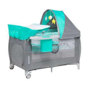 Patut pliant cu doua nivele Sven Plus, 120x60 cm, arcada jucarii, masuta,, vibratii, melodii, conform cu EN716 si EN12221, Turcoaz Gri