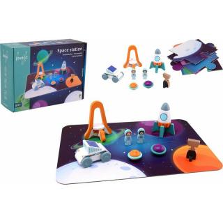Set de joaca, Joueco, Statie spatiala, Include o plansa si 6 figurine in forma de elemente spatiale, 12 luni+, Multicolor