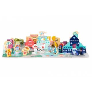 Set educational cu blocuri din lemn si covoras, 121 piese, City Ecotoys