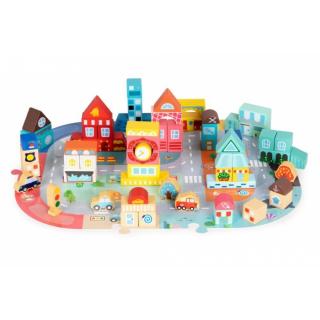 Set educational cu blocuri din lemn si covoras tip puzzle, 88 piese, City Ecotoys