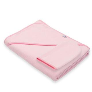 Set prosop cu gluga si manusa baie, New Baby, 100 x 100 cm, Basic, Pink