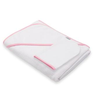 Set prosop cu gluga si manusa baie, New Baby, 100 x 100 cm, Basic, White-pink