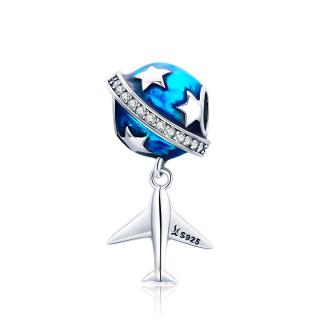 Charm argint 925 planeta albastra cu avion, stelute si zirconii albe PST0149