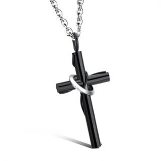 Colier inox cruce neagra si lant argintiu 55 cm