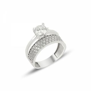 Inel argint 925 Eternity  Solitaire, cu 3 randuri de zirconii mici si o piatra mare, placat cu rodiu