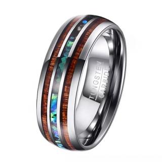 Inel tungsten cu insertie de Abalone si Lemn Hawaiian