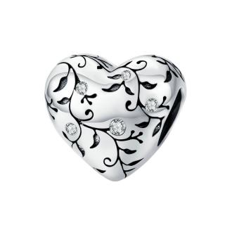 Talisman argint in forma de inima cu desen floral si zirconii albe