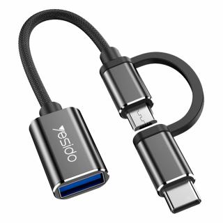 Adaptor USB OTG la Micro-USB + Type-C Yesido GS02, plug  play, negru