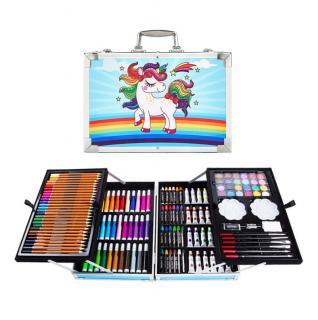 Set 145 piese pentru pictura, pentru copii sau adulti, pixuri de colorat, creioane colorate si vopsele de pictura, cu geanta de transport ALBASTRU UNICORN