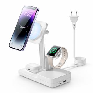 Statie de incarcare premium fara fir ESR 6 In 1 HaloLock CryoBoost compatibila cu iPhone MagSafe, AirPods, Apple Watch, 100 W, Alb