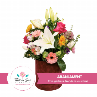 Aranjament floral cu Crin, gerbera, trandafir, eustoma