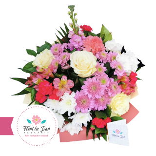 Buchet crizantema, mathiola, trandafir, dianthus, alstroemeria - Florarie Roman cu livrare