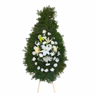 Coroana Funerara din Brad Natural cu Crizanteme Garoafe Trandafiri Crini si Gipsofila
