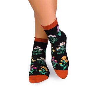 Sosete bumbac de lungime medie, model floral, Negru