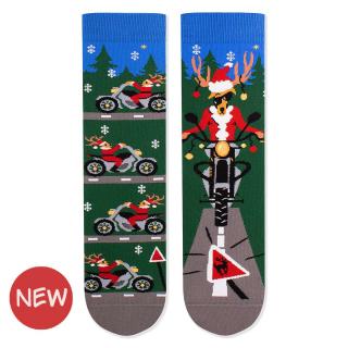 Sosete din bumbac organic de Craciun Arty Socks Cerb Motociclist Verde inchis
