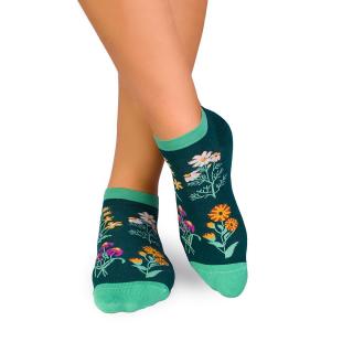 Sosete scurte bumbac, model floral, Verde Inchis