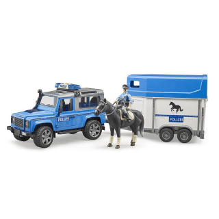Jucarie - Masina de politie Land Rover cu Remorca transport cai si Figurina politist pe cal - 2020 02588 Bruder