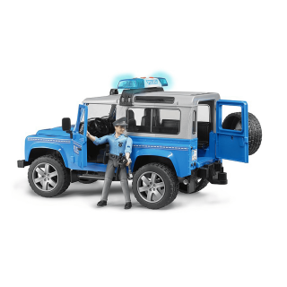 Jucarie - Masina de politie Land Rover Defender Station cu Figurina politist si modul sunet si lumini 02597 Bruder