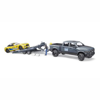 Jucarie - Masina de teren cu bena Dodge RAM 2500, platforma, MasinaRoadster si Figurina 02504 Bruder