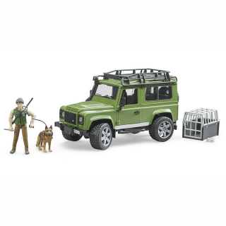 Jucarie - Masina de teren Land Rover Defender cu padurar, cusca si caine - 2020 02587 Bruder