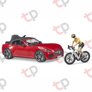 Jucarie - Masina rosie Roadster cu o bicicleta de curse si biciclista 2020 03485 Bruder