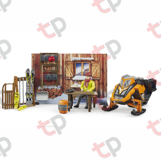 Jucarie - Set cabana cu Figurina barbat, snowmobil si accesorii 63102 Bruder