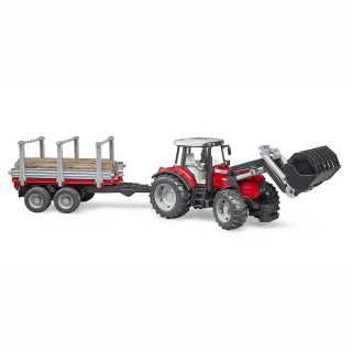 Jucarie - Tractor Massey Ferguson 7480 cu Incarcator frontal si Remorca de transport lemne 02046 Bruder
