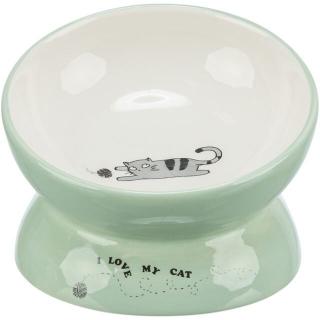 Castron Ceramic Pentru Pisici, Ridicat, Forma Ergonomica, 0.15 l A   13 cm, Verde Salvie Alb, 24470