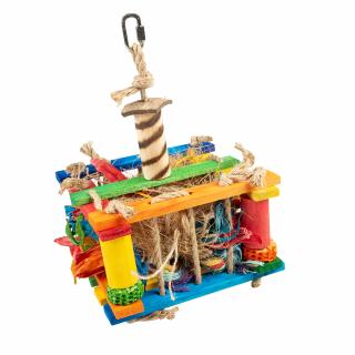 Jucarie Pentru Pasari, Cutie De Lemn Cu Sisal Si Nuca De Cocos, Multicolor, 18x18x28 cm, L14422