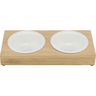 Set 2 Castroane Ceramice Cu Suport Din Bambus, 2x0.25 l   12 cm   30x5x14 cm, Alb Bej, 24539