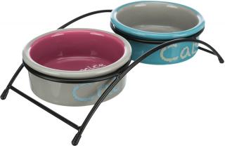Set 2 Castroane Ceramice Cu Suport Metalic, 2x0.3 l 12 cm 26x7x13 cm, Gri Roz Albastru, 24791