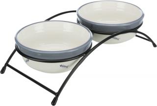 Set 2 Castroane Ceramice Cu Suport Metalic, 2x0.3 l 12 cm 26x7x14 cm, Alb Albastru-Gri, 24790