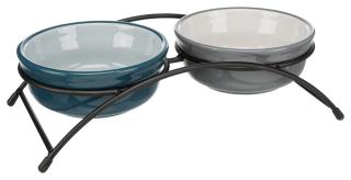 Set 2 Castroane Ceramice Cu Suport Metalic, 2x0.6 l 15 cm 32x9x16 cm, Petrol Gri, 24536
