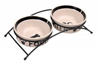 Set 2 Castroane Ceramice Cu Suport Metalic, 2x0.6 l o 15 cm 32x9x15 cm, Alb Negru, 24641
