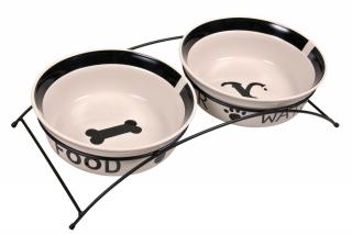 Set 2 Castroane Ceramice Cu Suport Metalic, 2x2.6 l o 25 cm 54x12x24 cm, Alb Negru, 24643