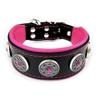 Zgarda Bijou, Piele Naturala, S: 35-42.5 cm, Negru Roz, pentru Pug, Bulldog, Retriever, etc