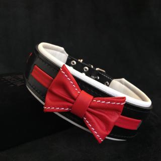 Zgarda Bowtie-Papion, Piele Naturala, S: 35-42.5 cm, Negru Rosu