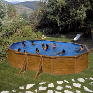 Set piscina prefabricata Gre ovala cu pereti metalici imitatie de lemn 610 x 375 h 120cm