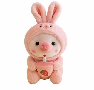 Porcusor deghizat in iepuras cu boba tea de plus pentru copii, 25 cm, roz