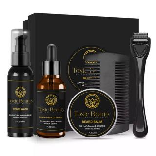 Set ingrijire si accelerare crestere barba 100% natural cu ulei de jojoba si vitamine 5 piese: gel curatare, serum de crestere, balsam, dermaroller si pieptan