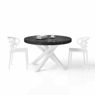 Masa extensibila, rotunda, cu picioare albe si blat negru ciment - EMMA