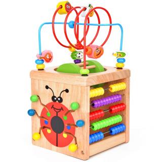 Cub educativ Montessori din lemn 6 in 1 cu activitati, ceas, numaratoare, labirinturi, roata