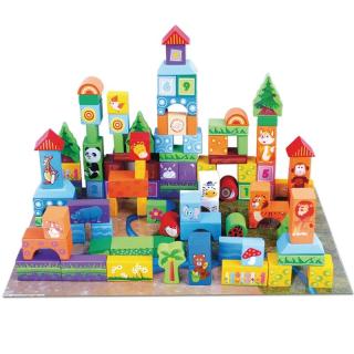 Set cuburi de construit din lemn, 100 piese, Animale Salbatice