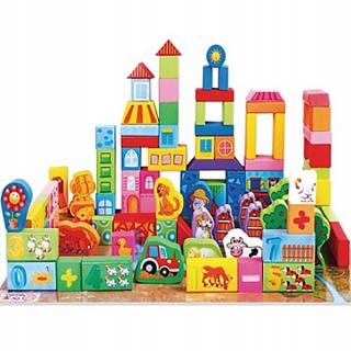 Set cuburi din lemn pentru construit, 100 piese, Ferma animalelor